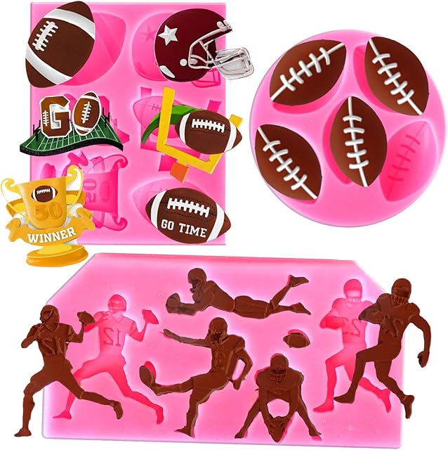 Whaline 3Pcs Football Fondant Mold Sports Theme Silicone Mold Football Helmet Chocolate Candy Mould Baking Mold for Party Cupcake Sugar Craft Gum Resin Clay