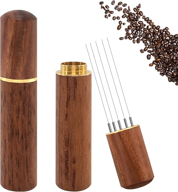 Espresso Coffee Stirrer, Espresso Distribution Tool Coffee Stirring Tool,Professional Barista Hand Needle Type Distribution Tool 5 Needles 0.4mm Natural Wood Handle and Stand