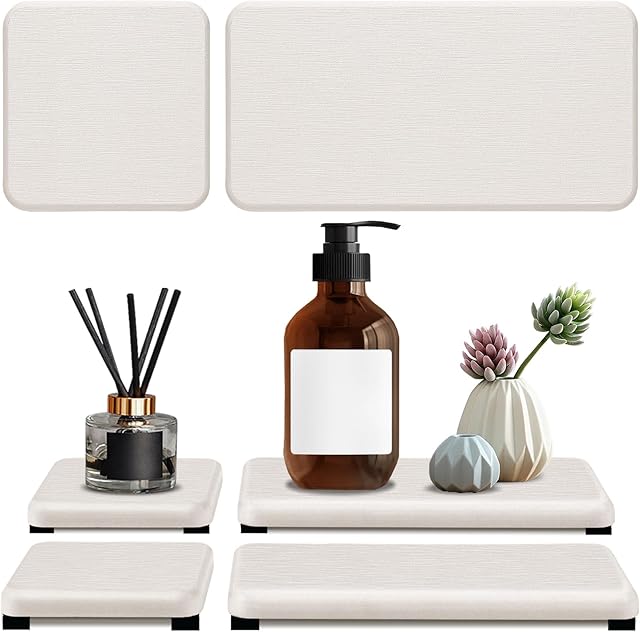 4PCS Water Absorbing Stone Tray, Quick Drying Diatomite Stone Sink Tray, Water Absorbent Stone Coasters for Bathroom Counter, Kitchen Soap Dish Holders Toothbrush Holders in Modern Home