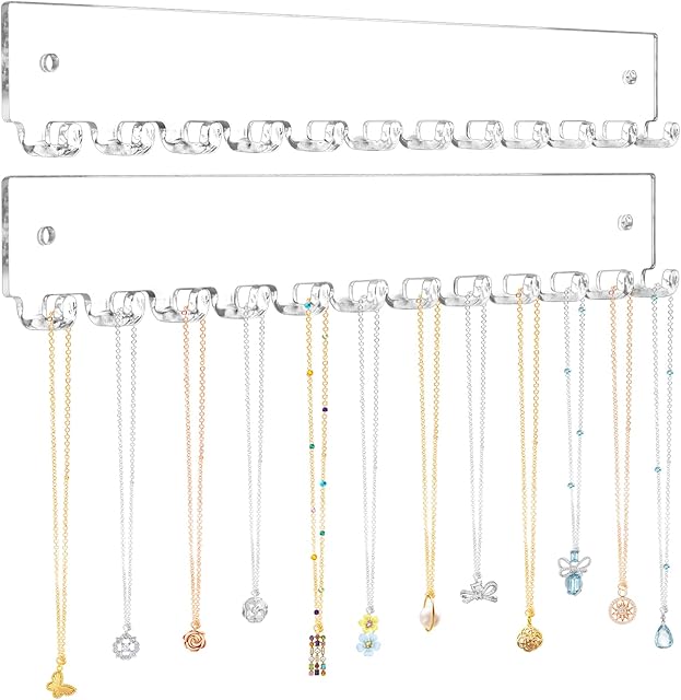 Acrylic Necklace Holder 2 Pack Wall Mounted Necklace Organizer Hanging Jewelry Organizer with 12 Hooks for Necklaces, Bracelets, Rings and Bangles Display