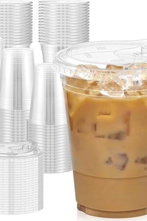 100 Pack - 16 oz Clear Plastic Cups with Lids, Sturdy & Food Safe Iced Coffee Cups with lids, Disposable Plastic Smoothie Cups for Cold Drinks, Sip Lids