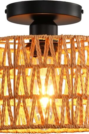 Ceiling Light Fixture,Hand-Woven Rattan Flush Mount Ceiling Light,Farmhouse Light Fixtures Ceiling Mount Boho for Hallway Bedroom Kitchen Entryway Living Room