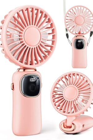 coldSky Portable Handheld Fan, 4000mAh Battery Operated Fan with LED Display, Handheld/Neck/Desk 3 in 1 Personal Small Fan, 90° Foldable Desk Fan with Base, 5 Speed Lash Fan Makeup Fan for Women