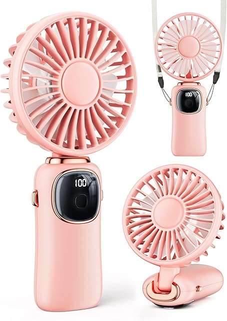 coldSky Portable Handheld Fan, 4000mAh Battery Operated Fan with LED Display, Handheld/Neck/Desk 3 in 1 Personal Small Fan, 90° Foldable Desk Fan with Base, 5 Speed Lash Fan Makeup Fan for Women