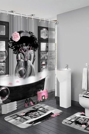 4Pcs African American Shower Curtain Sets with Rugs, Black Girl Shower Curtain for Bathroom Decor Sets with Paris Eiffel Tower Art Pattern, Grey Waterproof juego de baño, with 12 PCS Hooks