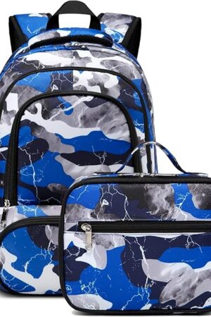 BLUEFAIRY Boys Backpack with Lunch Box for Kids Elementary Middle School Bags Set Child Book Bags Back to School Gifts Mochila Escolar para Niños Adolescentes Camo Blue