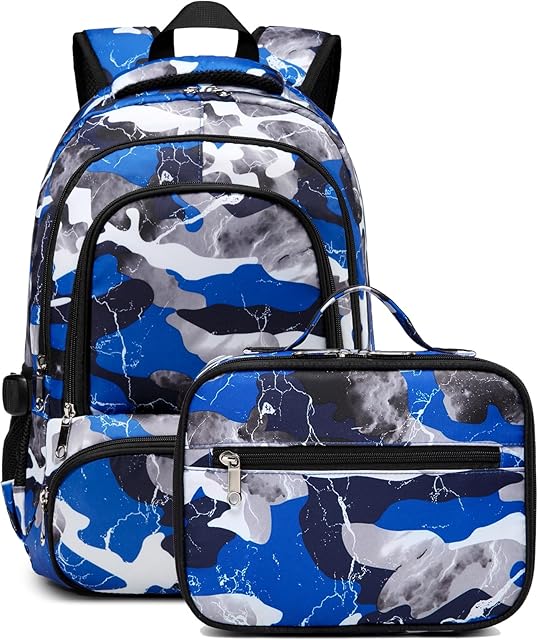 BLUEFAIRY Boys Backpack with Lunch Box for Kids Elementary Middle School Bags Set Child Book Bags Back to School Gifts Mochila Escolar para Niños Adolescentes Camo Blue
