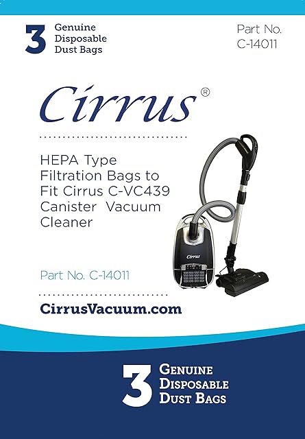 Cirrus VC439 Canister HEPA Cloth Type Vacuum Bags for Cirrus VC439 Power Head Canister Vacuum | Traps 99.97% of Microscopic Particles | Made from Environmentally Friendly Materials | 3 Bags
