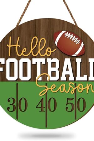 Whaline Football Wooden Hanging Sign Hello Football Season Wall Plaque Football Game Sports Welcome Wreath Sign Door Hanger for Farmhouse Home Wall Window Porch Tabletop Party Decor Supplies