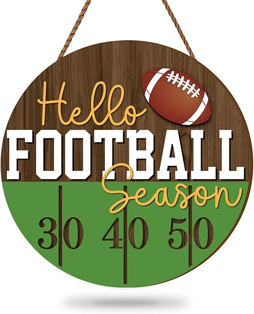 Whaline Football Wooden Hanging Sign Hello Football Season Wall Plaque Football Game Sports Welcome Wreath Sign Door Hanger for Farmhouse Home Wall Window Porch Tabletop Party Decor Supplies