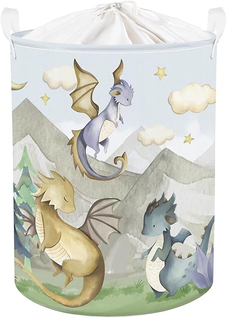 Clastyle 63L Large Dragon Kid Laundry Hamper with Handle for Boy Girl Collapsible Clothes Toy Storage Basket with Lid for Bedroom Bathroom Nursery
