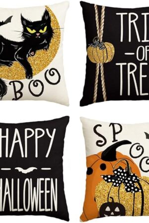 AVOIN colorlife Happy Halloween Boo Black Cat Trick or Treat Throw Pillow Covers, 18 x 18 Inch Spooky Pumpkin Bat Cushion Case for Sofa Couch Set of 4