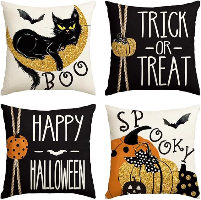 AVOIN colorlife Happy Halloween Boo Black Cat Trick or Treat Throw Pillow Covers, 18 x 18 Inch Spooky Pumpkin Bat Cushion Case for Sofa Couch Set of 4