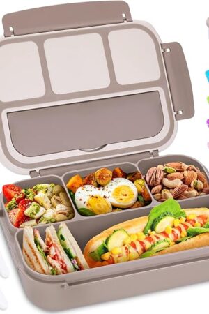 Bento Box Adult Lunch Box, Containers for Adults Men Women with 4 Compartments, Lunchable Food Container with Utensils, Sauce Jar, Muffin Liners, 40 Oz/5 Cup, Microwave & Dishwasher Safe, Brown