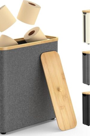 30L Toilet Paper Storage Basket with Lid, Hold Up to 16 Rolls, Slim Bamboo Toilet Paper Basket Holder Bin Container, Bathroom Accessories Organizer, Grey