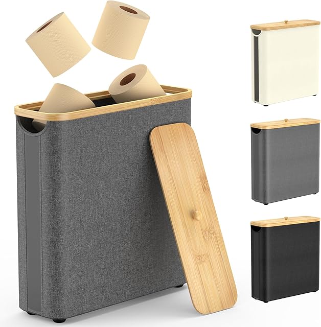 30L Toilet Paper Storage Basket with Lid, Hold Up to 16 Rolls, Slim Bamboo Toilet Paper Basket Holder Bin Container, Bathroom Accessories Organizer, Grey