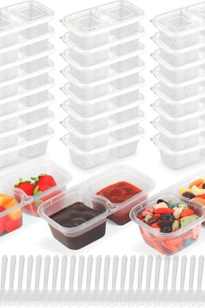 24 Set Double Compartment Snack Containers with Lids and Spoons, Reusable Snack Packs 2 Compartments, BPA-Free Snack Containers for Picnics, Lunches, Microwave Safe