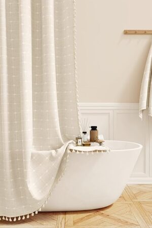 BTTN Boho Farmhouse Shower Curtain Set with Tassel - Linen Rustic Heavy Duty Fabric, Water Repellent, Modern Bohemian French Country Thick Bathroom Shower Curtains - Cream/Beige, 72x72