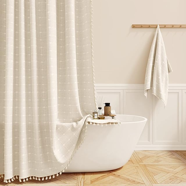 BTTN Boho Farmhouse Shower Curtain Set with Tassel - Linen Rustic Heavy Duty Fabric, Water Repellent, Modern Bohemian French Country Thick Bathroom Shower Curtains - Cream/Beige, 72x72