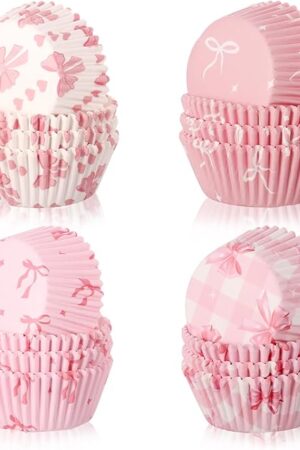 600 Pcs Pink Bow Cupcake Liners,Paper Coquette Bow Baking Cups Bowknot Cupcake Wrappers Baking Standard Holders for Baby Shower Wedding Bachelorette Bridal Showers Birthday Dessert Decoration