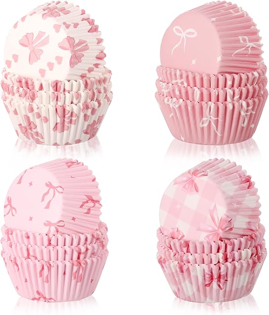 600 Pcs Pink Bow Cupcake Liners,Paper Coquette Bow Baking Cups Bowknot Cupcake Wrappers Baking Standard Holders for Baby Shower Wedding Bachelorette Bridal Showers Birthday Dessert Decoration