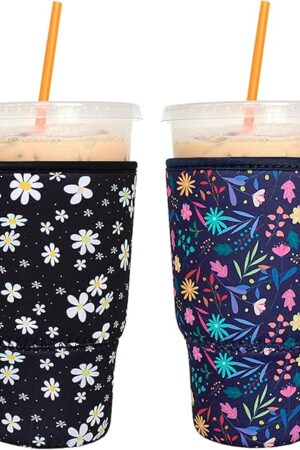 2 Pack Reusable Iced Coffee Sleeves - FRRIOTN Insulator Sleeve for Cold Beverages, Neoprene Coffee Cup Holder (Flower, Large 32oz)