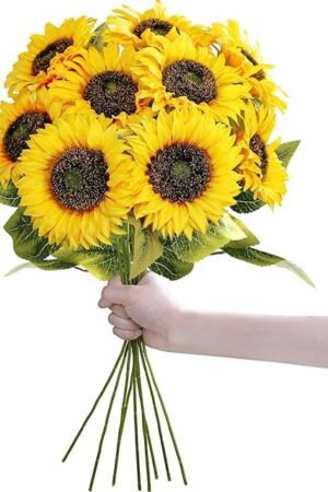 Winlyn 9-Pack Artificial Sunflower Stems, 19.7" Tall Full & Lifelike Yellow Silk Flowers with Long Stems for Vase Bouquet Centerpiece Wreath Floral Arrangement Wedding Birthday Party Fall Décor