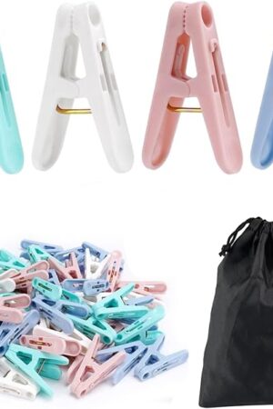 56 Pcs Colorful Clothespins, 4 Colors Spring Clips (2 Inch) Small Clothes Pin with Black Storage Bag - for Laundry, Drying Clothes, Home Use