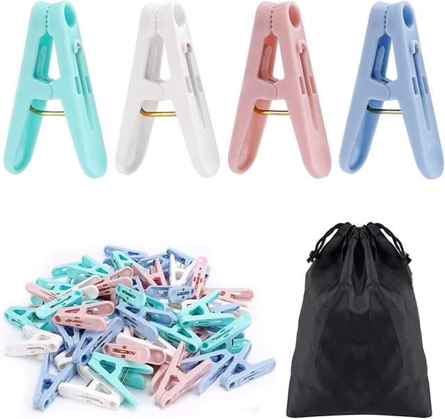 56 Pcs Colorful Clothespins, 4 Colors Spring Clips (2 Inch) Small Clothes Pin with Black Storage Bag - for Laundry, Drying Clothes, Home Use