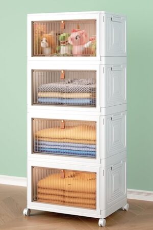 4 Tier Storage Bins with Lids, 23QT Stackable Closet Organizers and Storage with Wheels, Collapsible Storage Boxes, Foldable Plastic Storage Containers for Home,Office, Dorm Room