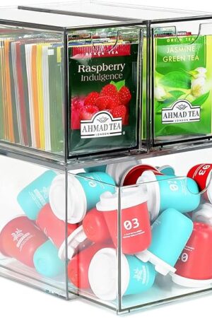 3 Tea and Coffee Organizer and Storage, Acrylic Tea Bag Holder Organizer, Plastic K Cup Drawer Container for Cabinet