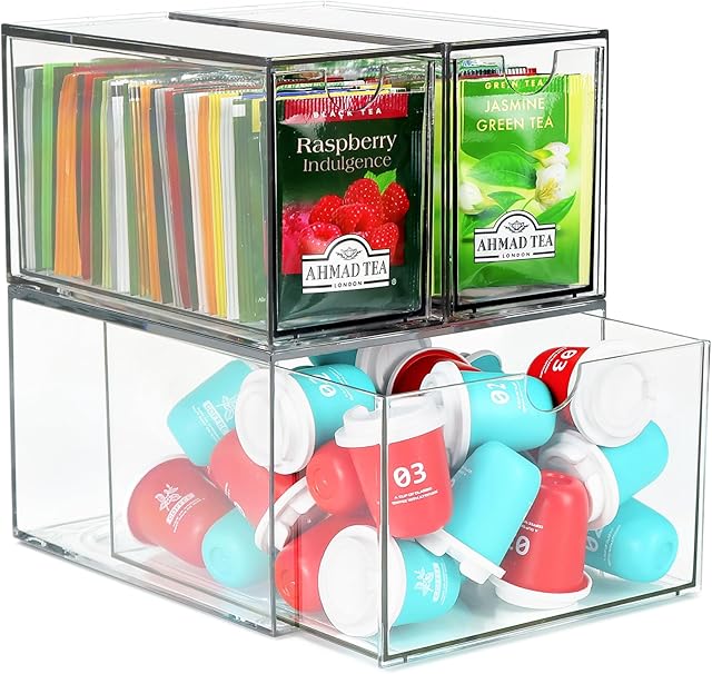3 Tea and Coffee Organizer and Storage, Acrylic Tea Bag Holder Organizer, Plastic K Cup Drawer Container for Cabinet