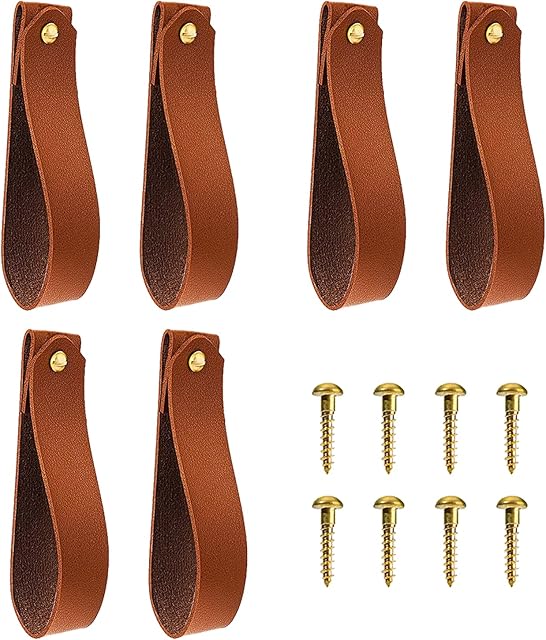 Vin Beauty 6 Pc Wall Hooks - Leather Wall Hanging Straps with Curtain Rod Holder for Towel, Bathroom, Kitchen, Bedroom (Brown)