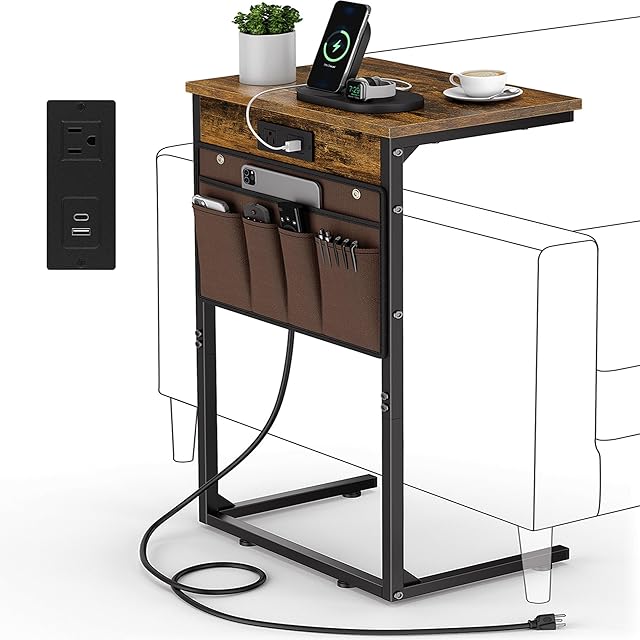 Vagusicc C Shaped End Table with Charging Station, 28" Tall Side Table for Couch, Sofa Table Small Couch Side Coffee Tables, Slide Under Sofa TV Tray Arm C Table for Living Room, Bedroom, Bedside