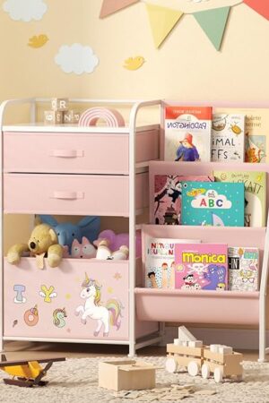 BBLIKE Kids Bookshelf and Toy Storage Organizer - 3 Tier Book Shelf with Movable Toy Box for Kids Rooms, Ideal Bookcase and Toy Organizer with 2 Drawers for Playroom, Bedroom, Nursery, Pink