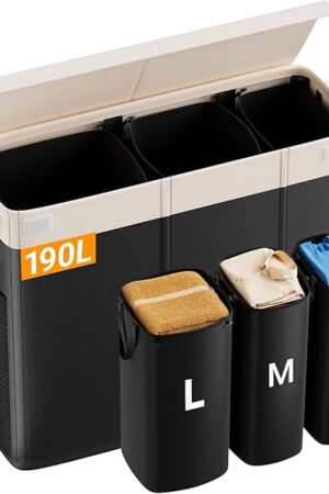 190L Laundry Hamper with Lid, Large Laundry Basket with Lid and 3 Section, Sturdy Laundry Baskets with 3 Removable Bags (L M S), Dirty Clothes Hamper Organizer for Laundry Room, Bedroom and Dorm Room