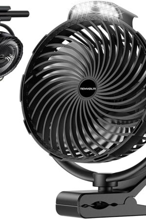 10000mAh Clip on Fan, 8-Inch Golf Cart Fan Rechargeable with LED Light, 9 Speeds Strong Airflow, Quiet, 30Hrs Runtime, 360° Rotation, Cooling for Bed Camping Office Desk Dorm, Black