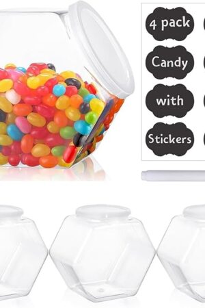 Atarvana Plastic Candy Jars 72oz Set of 4 with 8 Pcs Label Stickers & a Pen, Hexagon Candy Containers with Airtight Lids for Candy Buffet, Kitchen Storage Containers Set