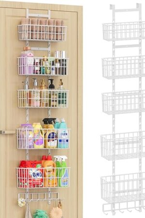 Adjustable Over The Door Organizer, Metal Hanging Door Organizer with 5 Wire Basket 7 Hooks, Wall Mounted Shelf for Pantry Closet Organization and Storage, White