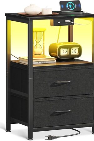 Casaottima Night Stand End Table Small Nightstand Bedside Table Black with 2 Fabric Drawers