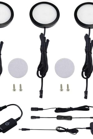AIBOO Under Cabinet LED Black Cover Puck Lighting Kit with Touch Dimmer Switch for Kitchen Cupboard Closet Lighting (3 Lights,Warm White)