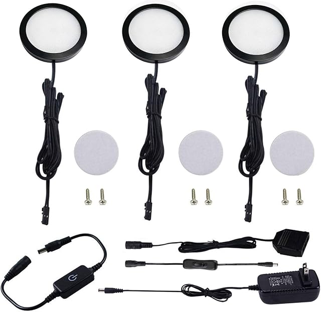 AIBOO Under Cabinet LED Black Cover Puck Lighting Kit with Touch Dimmer Switch for Kitchen Cupboard Closet Lighting (3 Lights,Warm White)