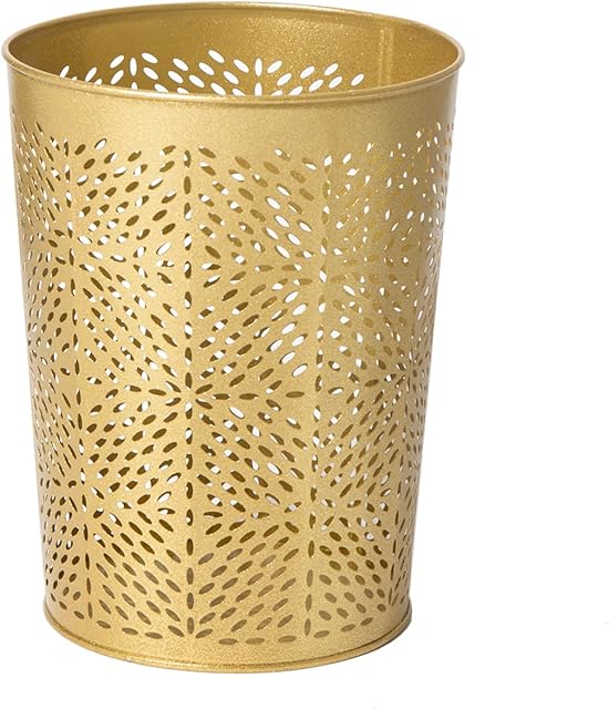 Small Gold Metal Trash Can Wastebasket, Decorative Hollow-Out Garbage Can Waste Paper Bin, Modern Farmhouse Round Trash Bin for Bathroom, Bedroom, Kitchen and Office (Floral)