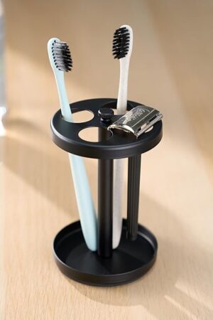 Black Stainless Toothbrush Holder Stand: Rustproof Bathroom Countertop Organizer, 4 Ventilated Slots Hold Manual Toothbrushes, Razor