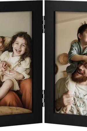 decorUhome Double 4x6 Picture Frame Vertical, Engineered Wood Bifold Photo Frame with Plexiglass for Tabletop Display, 4x6, Black