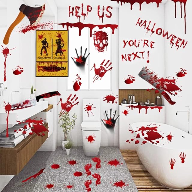 84Pcs Halloween Decorations Handprint Footprint Stickers Clings Decals Window Bathroom Floor Restroom Zombie Decorations Halloween Party Decor,8 Sheets