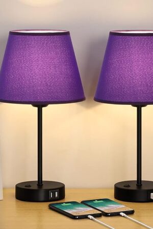 Bedside Lamps with USB Ports, Table Lamps with Purple Fabric Shade Set of 2, Nightstand Lamps for Bedroom Living Room Study Room Office