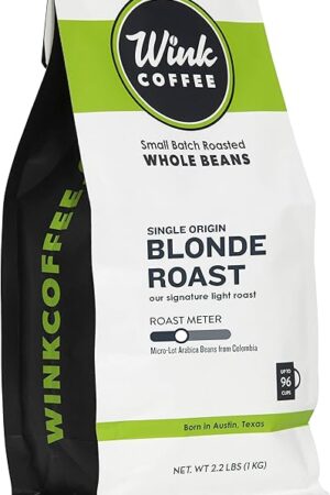 Wink Coffee Blonde Roast, Light Roast Whole Bean Coffee, Single Origin Colombian Arabica Beans, 2.2 lb, Small-Batch, Smooth, Sustainably Sourced