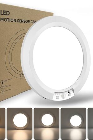 7.5" Ultra-Thin Motion Sensor Rechargeable Ceiling Light with Remote, 8000mAh Battery Operated, 5-Color Temp/Dimmable/Timing, 120°Detection & Magnetic Mount for Stair/Closet/Hallway (White, 1pack)