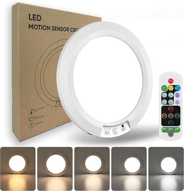 7.5" Ultra-Thin Motion Sensor Rechargeable Ceiling Light with Remote, 8000mAh Battery Operated, 5-Color Temp/Dimmable/Timing, 120°Detection & Magnetic Mount for Stair/Closet/Hallway (White, 1pack)
